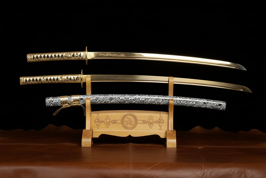 Sword on a wooden stand against a black background