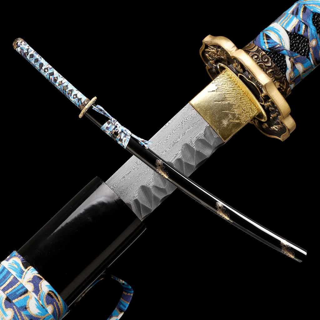 The Azure Gale: Hand-Forged Damascus Folded Steel Samurai Katana